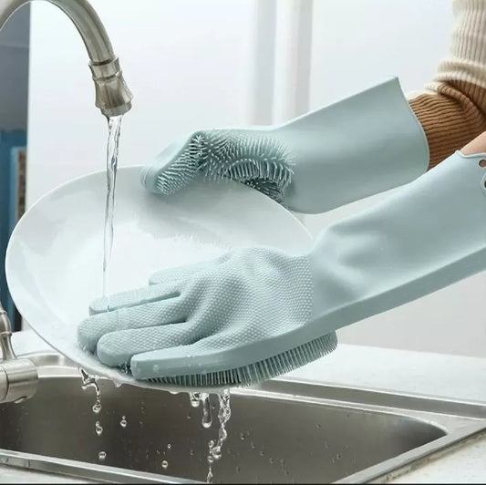 Magic Dish Washing Silicone Gloves with Wash Scrubber, Heat Resistant,