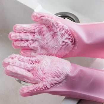 Magic Dish Washing Silicone Gloves with Wash Scrubber, Heat Resistant,