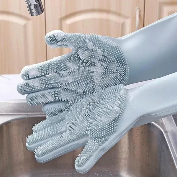 Magic Dish Washing Silicone Gloves with Wash Scrubber, Heat Resistant,