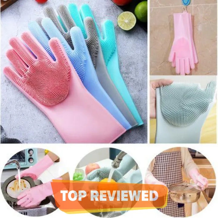 Magic Dish Washing Silicone Gloves with Wash Scrubber, Heat Resistant,